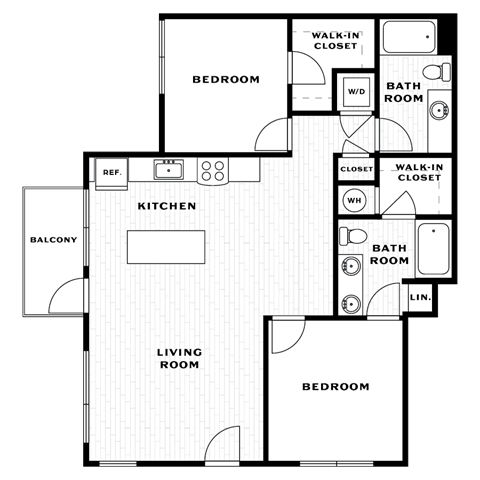 Floor plan for 2 beds, 2 baths, 1135 sqft