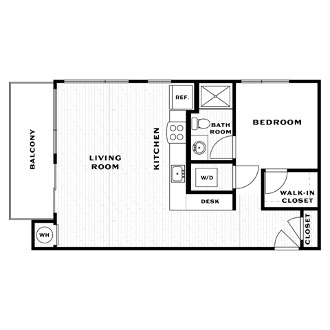 Floor plan for 1 bed, 1 bath, 670 sqft