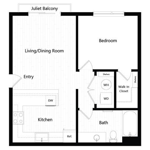 Floor plan for 1 bed, 1 bath, 658 sqft
