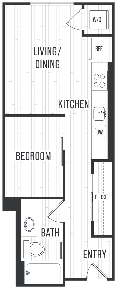 Floor plan for 1 bed, 1 bath, 518 sqft