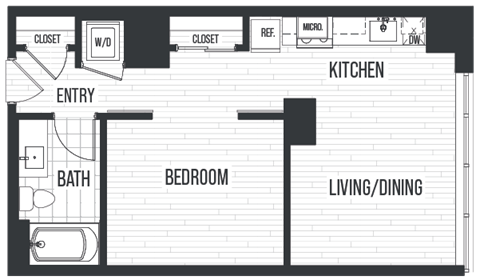 Floor plan for 1 bed, 1 bath, 571 sqft