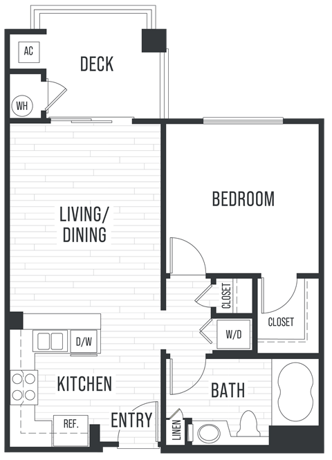 Floor plan for 1 bed, 1 bath, 598 sqft