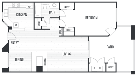 Floor plan for 1 bed, 1 bath, 798 sqft