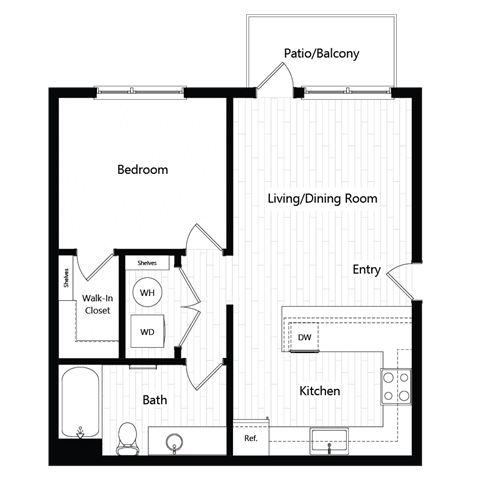 Floor plan for 1 bed, 1 bath, 658 sqft