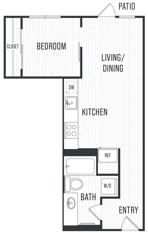 Floor plan for 1 bed, 1 bath, 556 sqft