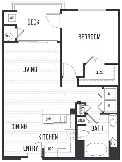 Floor plan for 1 bed, 1 bath, 708 sqft