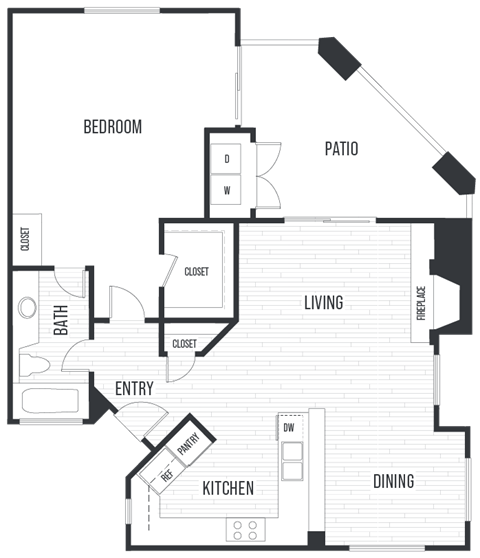 Floor plan for 1 bed, 1 bath, 810 sqft