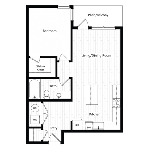 Floor plan for 1 bed, 1 bath, 740 sqft