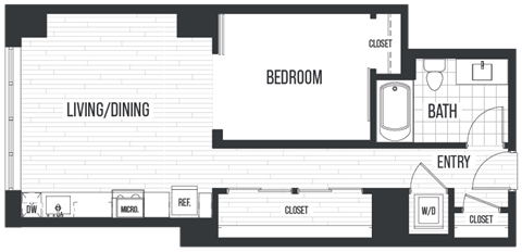 Floor plan for 1 bed, 1 bath, 674 sqft