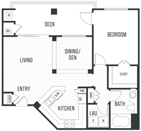 Floor plan for 1 bed, 1 bath, 807 sqft