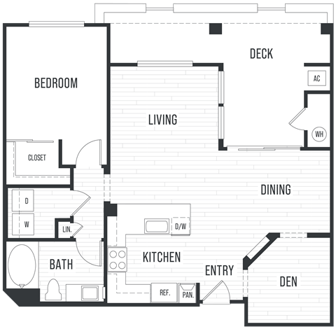Floor plan for 1 bed, 1 bath, 912 sqft