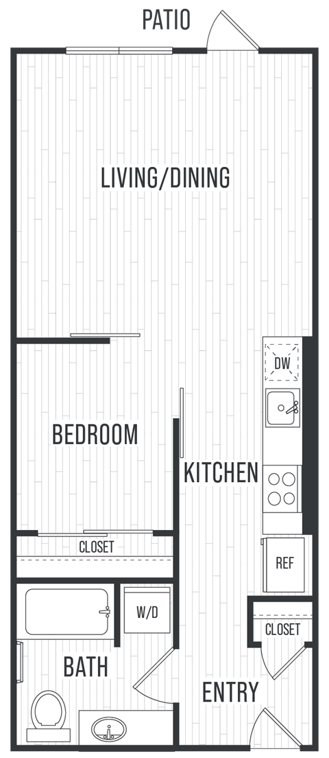 Floor plan for 1 bed, 1 bath, 567 sqft