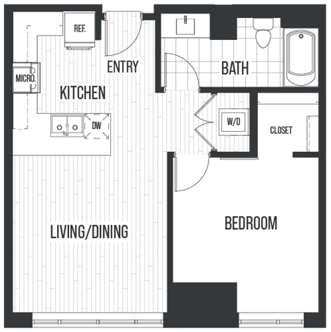 Floor plan for 1 bed, 1 bath, 690 sqft
