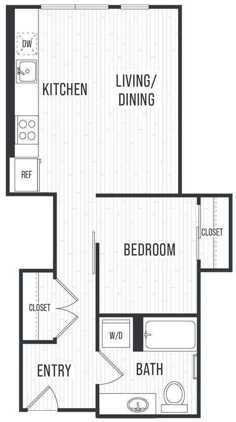 Floor plan for 1 bed, 1 bath, 646 sqft