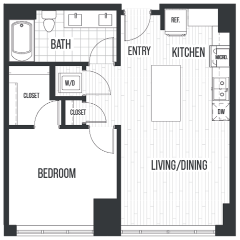 Floor plan for 1 bed, 1 bath, 692 sqft