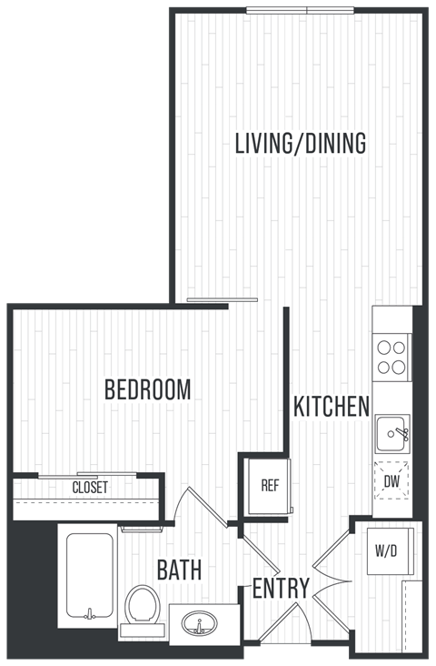 Floor plan for 1 bed, 1 bath, 621 sqft