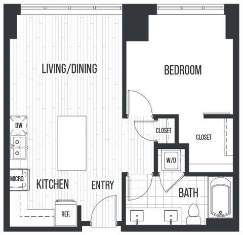 Floor plan for 1 bed, 1 bath, 698 sqft