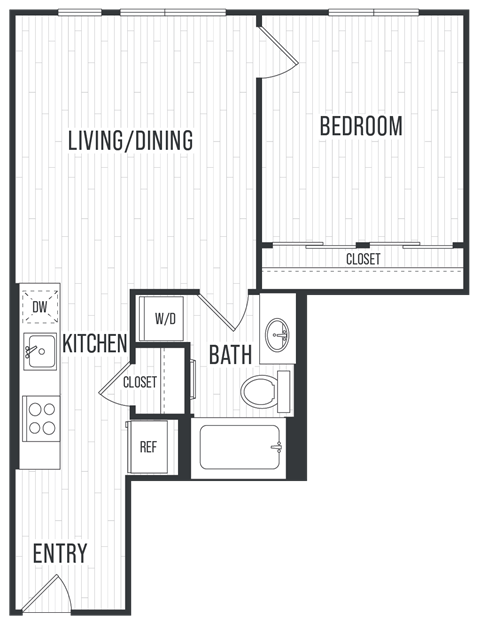 Floor plan for 1 bed, 1 bath, 589 sqft