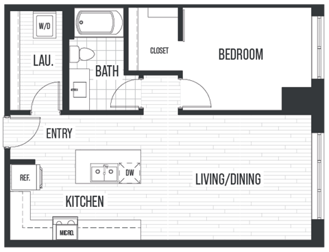 Floor plan for 1 bed, 1 bath, 743 sqft