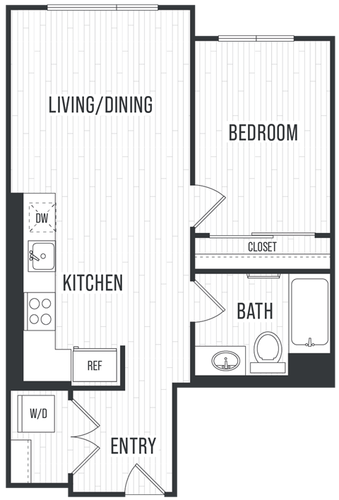 Floor plan for 1 bed, 1 bath, 624 sqft