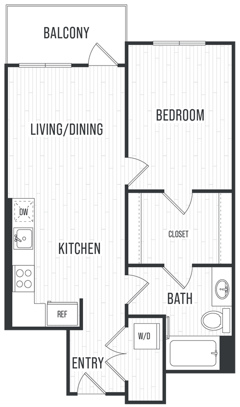 Floor plan for 1 bed, 1 bath, 673 sqft