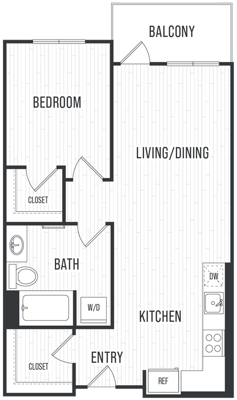Floor plan for 1 bed, 1 bath, 728 sqft