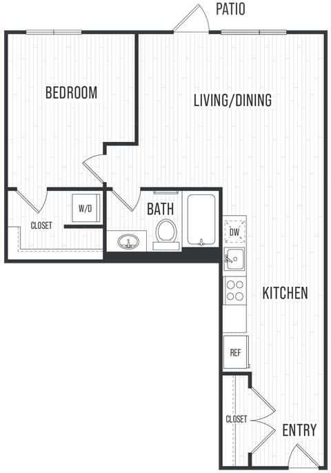 Floor plan for 1 bed, 1 bath, 752 sqft