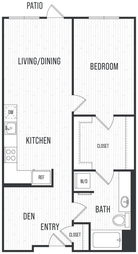 Floor plan for 1 bed, 1 bath, 879 sqft