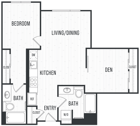 Floor plan for 1 bed, 1 bath, 831 sqft