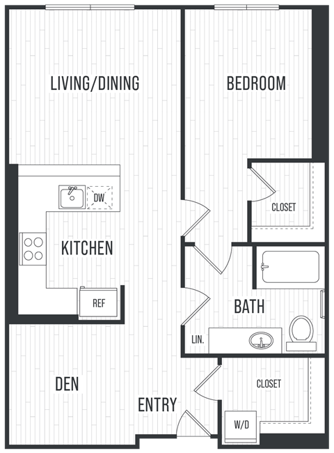 Floor plan for 1 bed, 1 bath, 873 sqft
