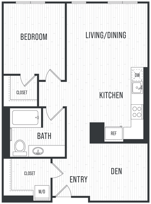 Floor plan for 1 bed, 1 bath, 853 sqft