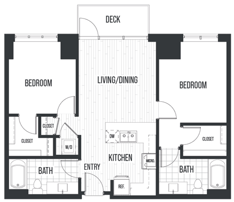 Floor plan for 2 beds, 2 baths, 932 sqft