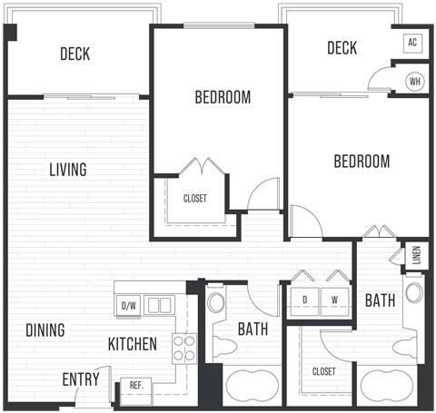 Floor plan for 2 beds, 2 baths, 1028 sqft