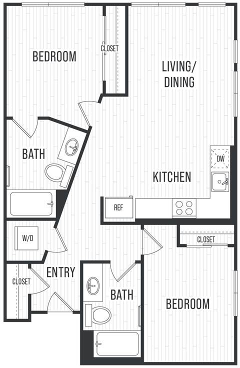 Floor plan for 2 beds, 2 baths, 873 sqft