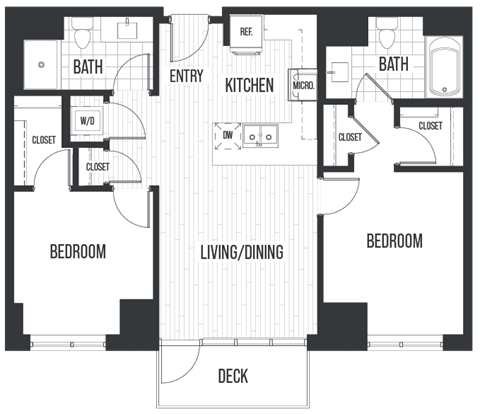Floor plan for 2 beds, 2 baths, 944 sqft