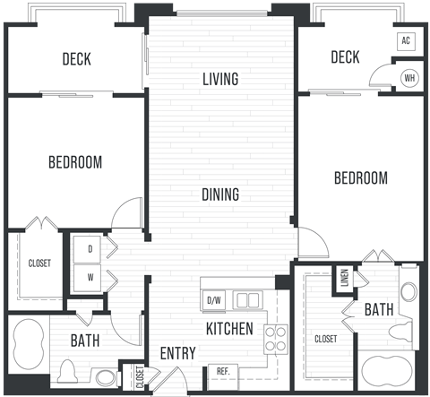 Floor plan for 2 beds, 2 baths, 1090 sqft