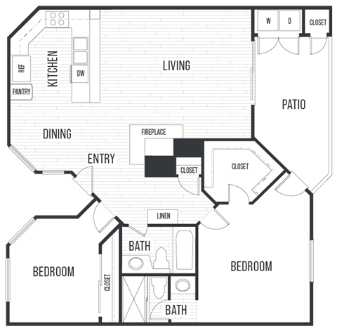 Floor plan for 2 beds, 2 baths, 1084 sqft