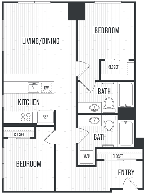 Floor plan for 2 beds, 2 baths, 874 sqft