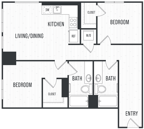 Floor plan for 2 beds, 2 baths, 967 sqft