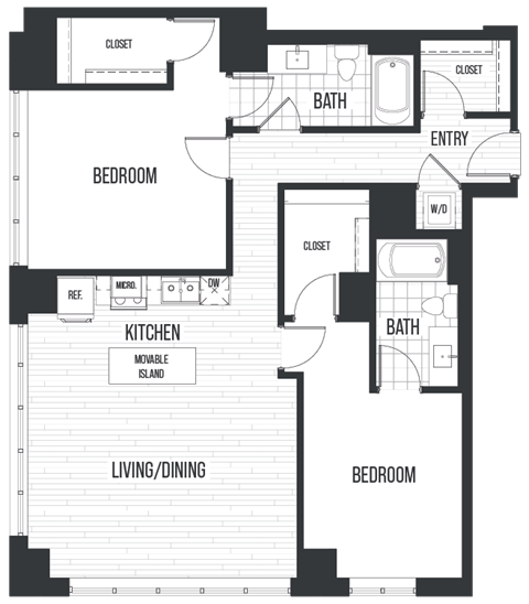 Floor plan for 2 beds, 2 baths, 1227 sqft