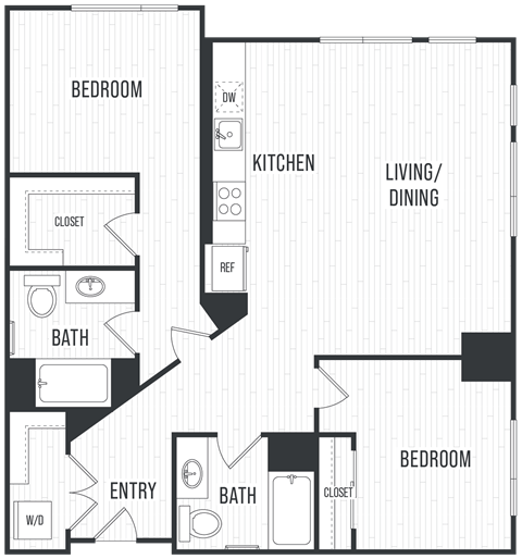 Floor plan for 2 beds, 2 baths, 1129 sqft