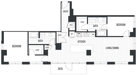 Floor plan for 2 beds, 2 baths, 1328 sqft