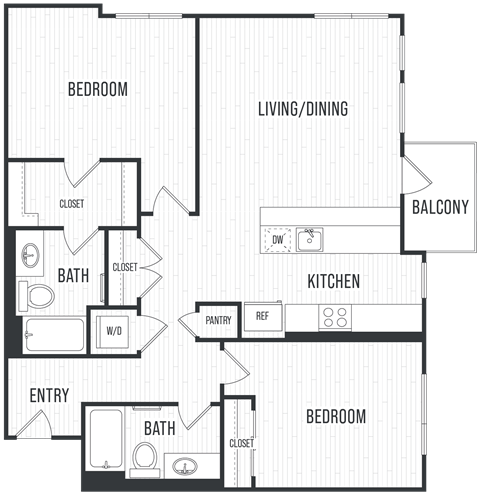 Floor plan for 2 beds, 2 baths, 1166 sqft