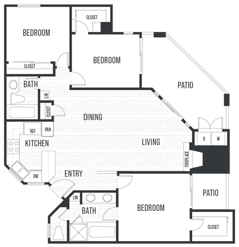 Floor plan for 3 beds, 2 baths, 1267 sqft