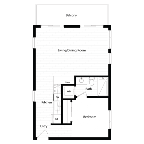 Floor plan for studio, 1 bath, 635 sqft