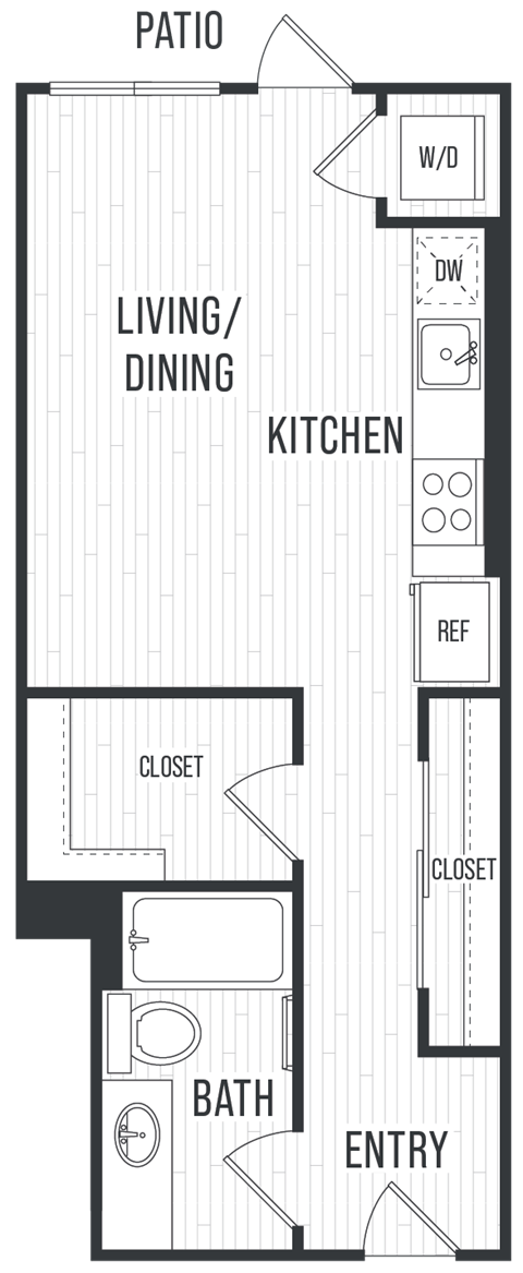Floor plan for studio, 1 bath, 490 sqft