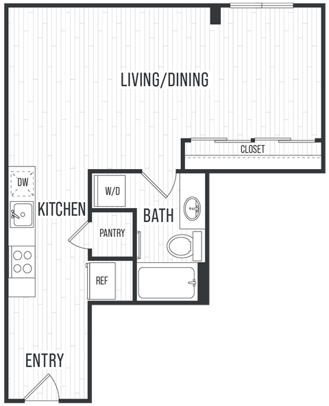 Floor plan for studio, 1 bath, 585 sqft