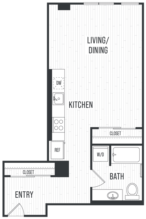 Floor plan for studio, 1 bath, 669 sqft