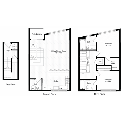 Floor plan for 2 beds, 2.5 baths, 1292 sqft