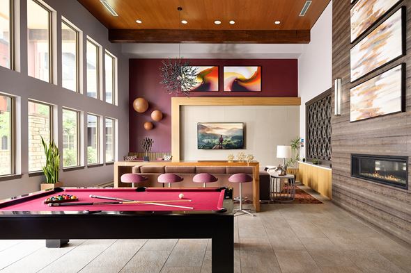 Parker apartment for rent - Resident lounge with billiards at Vela Meridian Apartments in Parker.